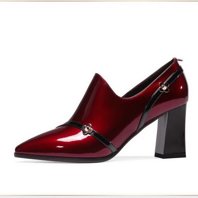 2020 New Autumn Shoes Woman High Heels Women&#39;s Pumps Soft Patent Leather Shoe Thick Heel Fashion Pointed toe Deep BLACK Wine-red