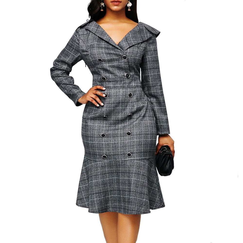 Elegant Plaid Party Dresses For Women 2022 Long Sleeve Buttons High Waist Slim Office Work Bodycon Pleated Dress Casual Clothing