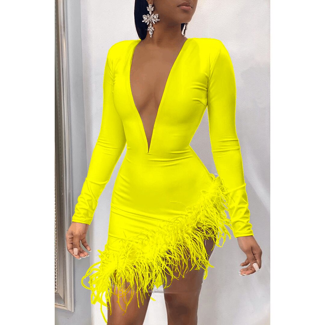 Women Winter Mini Dress 2021 O-Neck Mesh Feather Patchwork Sexy Night Global Fashions GC Women Winter Mini Dress 2021 O-Neck Mesh Feather Patchwork Sexy Night Global Fashions GC