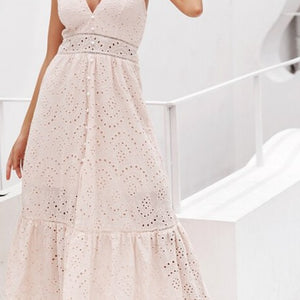 Sexy v neck cotton summer white dress women Elegant embroidery strap long dress Casual high waist button dress female