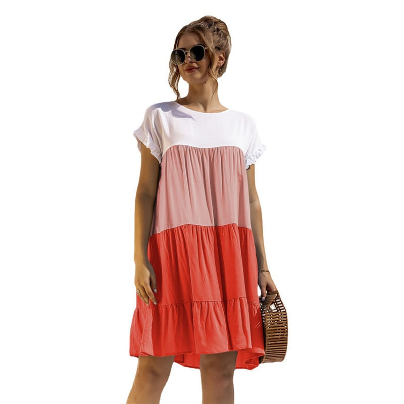 Bikoles 2021 Summer Fashion Short Sleeve Women's Dress Casual High Street Color Matching O Neck A Line Loose Ladies Mini Dresses