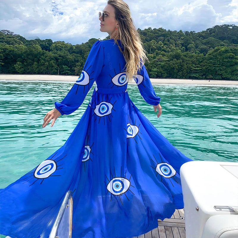 Wrinkle-free Blue Eyes Chiffon Tunic Sexy Beach Dress Swim Suit Cover Up