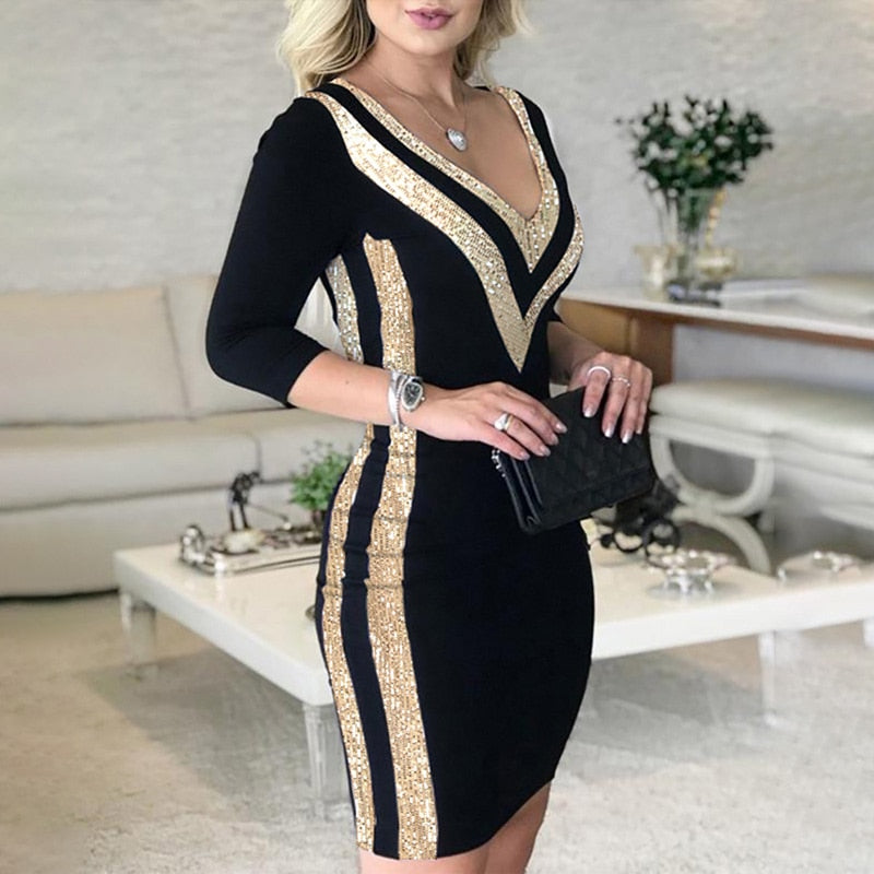 2021 Gold Print Sequins Dress New Year V Neck Women&#39;s Dress Black Striped Patchwork Skirt Sleeve Sheath Sexy Party Lady Clothing