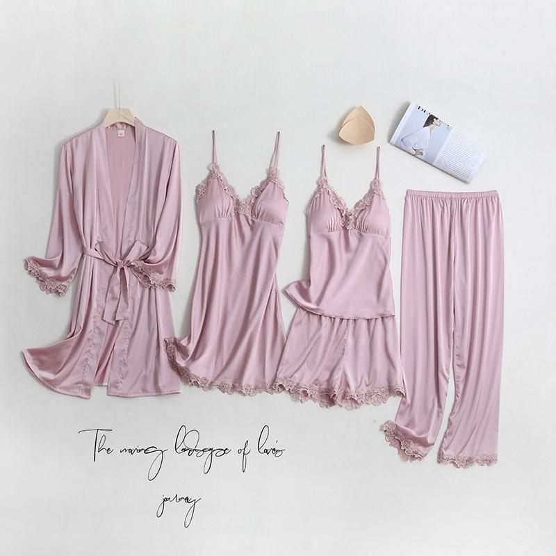 2021 New Gray 5PC Faux Silk Pajama Sets Lady Bathrobe Bow Lace Trim Sweet Night Dress Spring Autumn Sleepwear Sexy V-Neck Pyjama