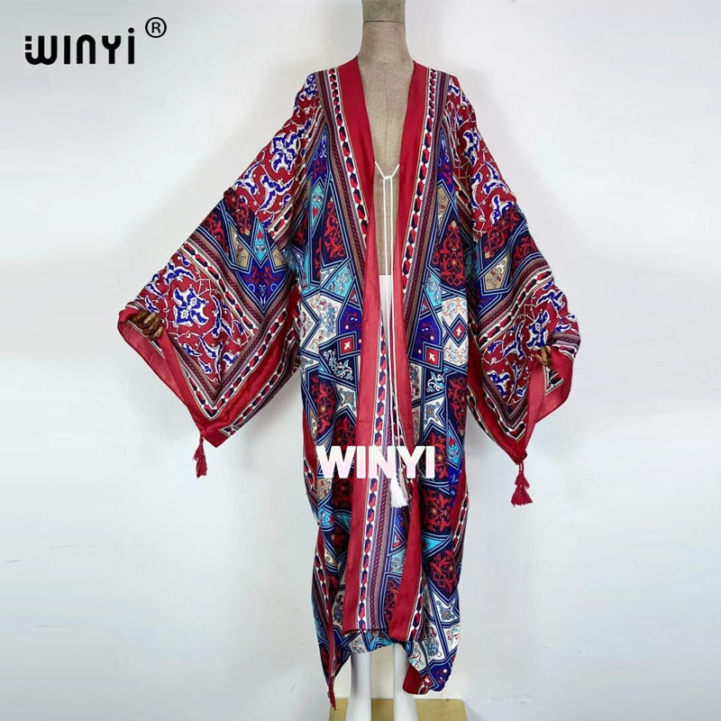 2021 WINYI Cotton Bikini Sweet Lady Pink Boho Print Self Belted Front Open Long Kimono Dress Beach Tunic Women Wrap Dresses