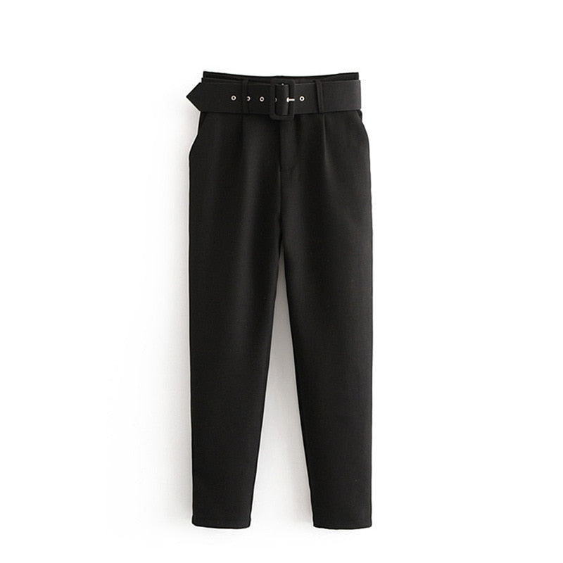 High Waist Straight Belt Casual Ankle Length Trousers