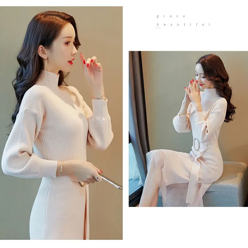Solid Color Fashion Three Piece Turtleneck knitted dress