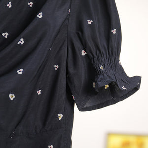 Floral Print Elastic Pleated Deep V Neck Black Blouse