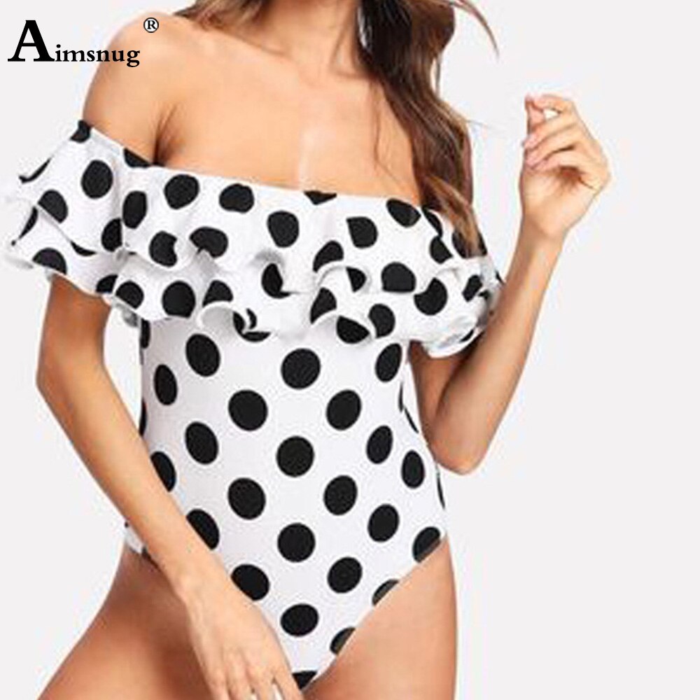 Plus Size Women One Piece Swimsuit Off Shoulder Swimwear Onesie Bathing Suit 2021 Fashion Dot One-piece Model Ruffled Beachwear