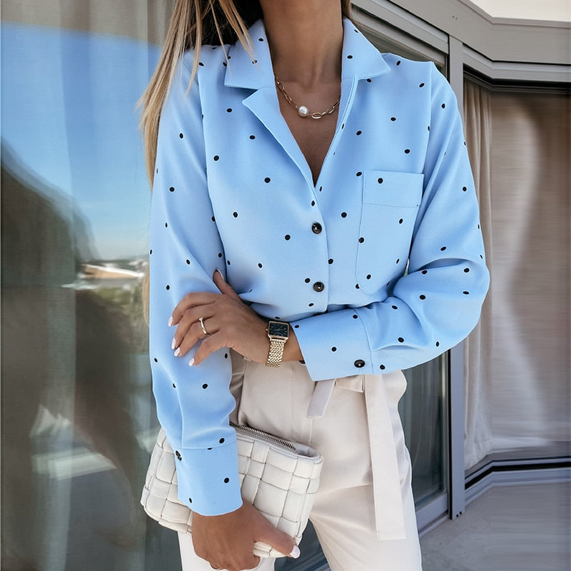 Pocket Long Sleeve Turn Down Collar Women Blouse Office Lady Polka Dot Cotton Casual Shirts 2021 New Spring