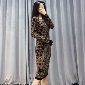 2021 Spring And Autumn New Letters Fashion Mid-Length Knitted Sweater Women's Slim Korean Round Neck Jacquard Dress