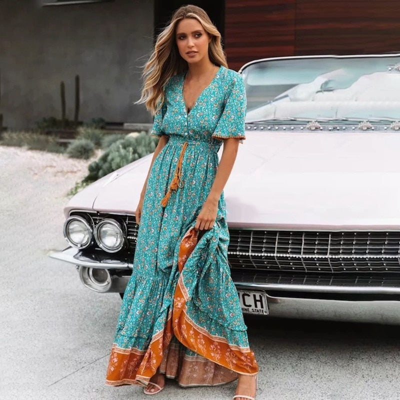 Retro Maxi Dress Women Summer Short Sleeve V neck High waist Dress Flo Global Fashions GC Retro Maxi Dress Women Summer Short Sleeve V neck High waist Dress Flo Global Fashions GC