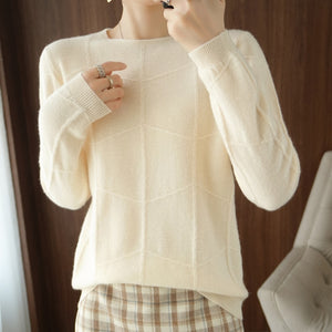 Autumn Winter New Ladies O-neck Long-Sleeved Knitted Pullover Cashmere Wool Checkered Pattern Sweater Casual Slim Bottoming