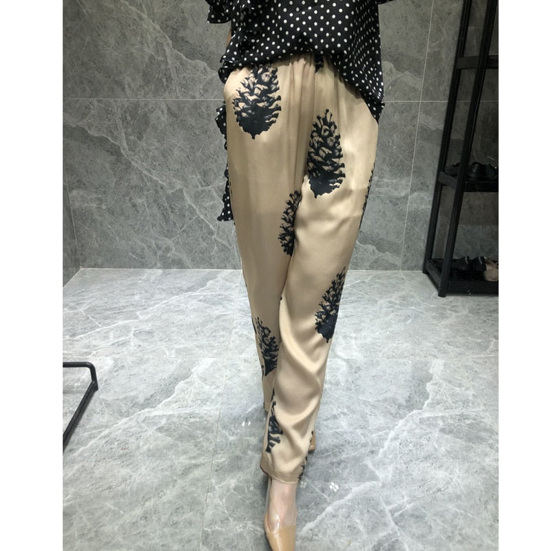 Hong Kong flavor satin silk printed straight pants female temperament trousers loose pants high waist