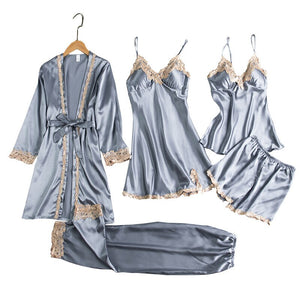 5 PCS Sexy Lace Women Nightwear Robe Dresses Summer Pajamas Sets Homewear Stain Silky Sleep Suit Bath Robes Night Gowns