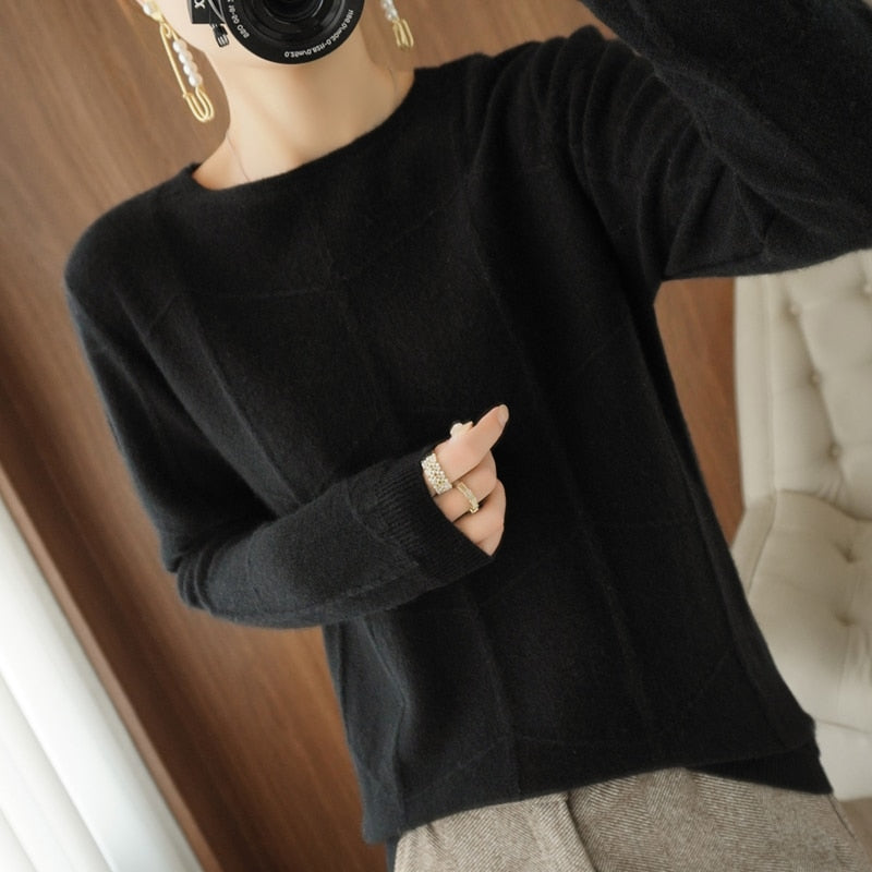 Autumn Winter New Ladies O-neck Long-Sleeved Knitted Pullover Cashmere Wool Checkered Pattern Sweater Casual Slim Bottoming