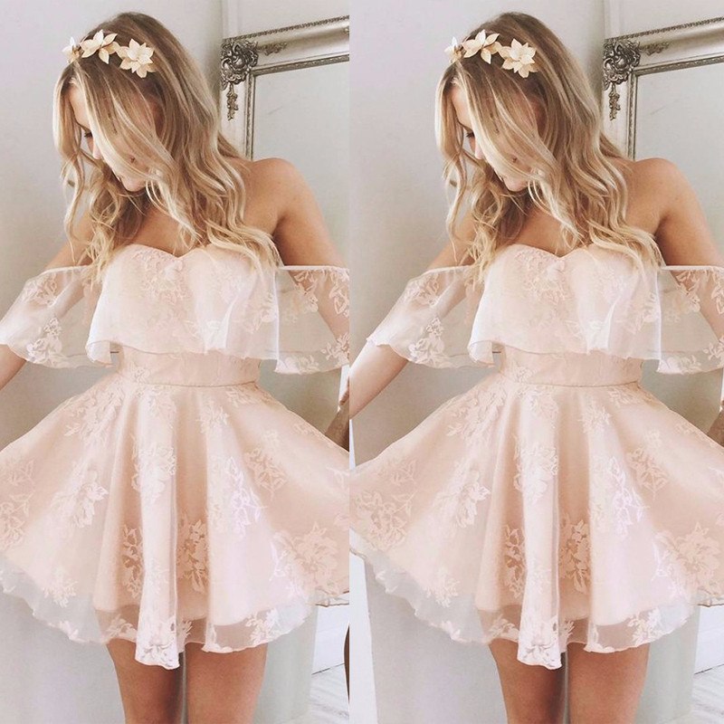 New Women Formal Lace Dress Summer Prom Off Shoulder Party Wedding Gown Short Sleeve Short Mini Dresses Solid Black Pink