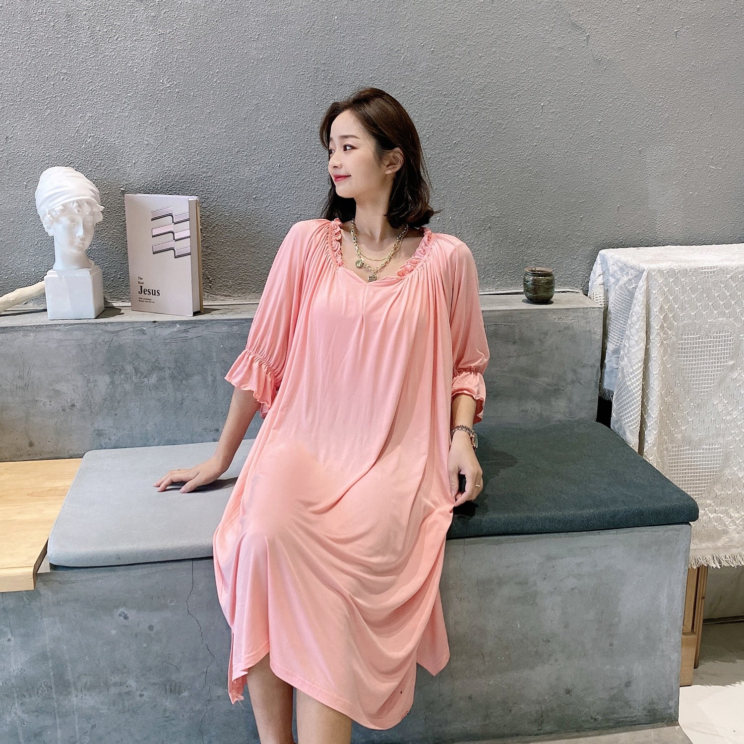 loose night dress for women Satin Nightwear Nightgown Loose Bath Gown Nightdress Sleepwear Night Dress