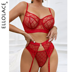 Ellolace Sexy Erotic Lingerie Plaid Underwear Brief Sets Rhomboids Lace Bra and Panty Garters Black Transparent Langerie