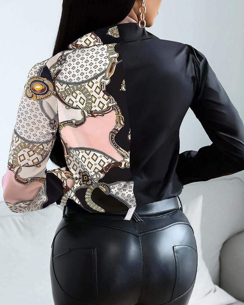 Turn-down Collar Chain Long Sleeve Chic Blouse Top