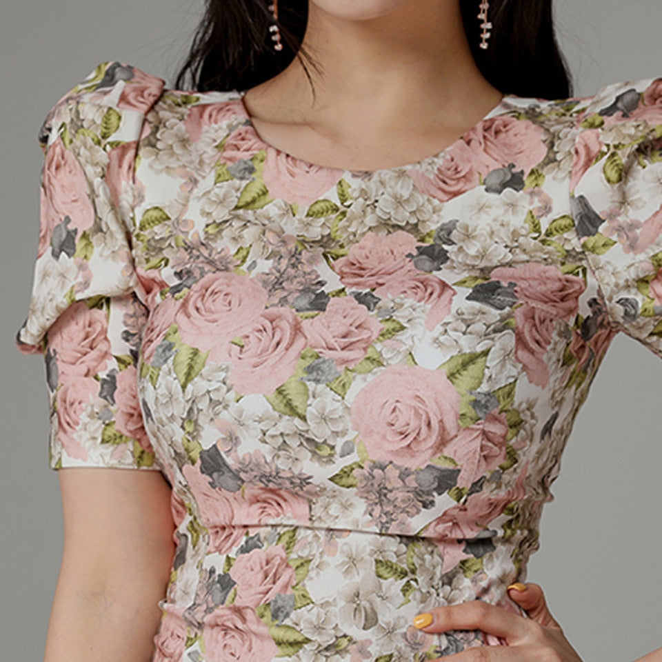 Floral Elegant Office Dress 2021 Summer Korean Style Mini Dress Simple Puff Sleeves High Waist Tight Party Dress Women
