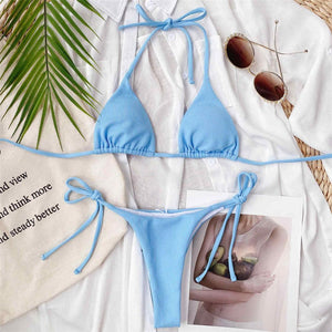 Ribbed Halter Bikini Female Swimsuit Women Swimwear Two-pieces Bikini set Thong Bather Bathing Suit Swim