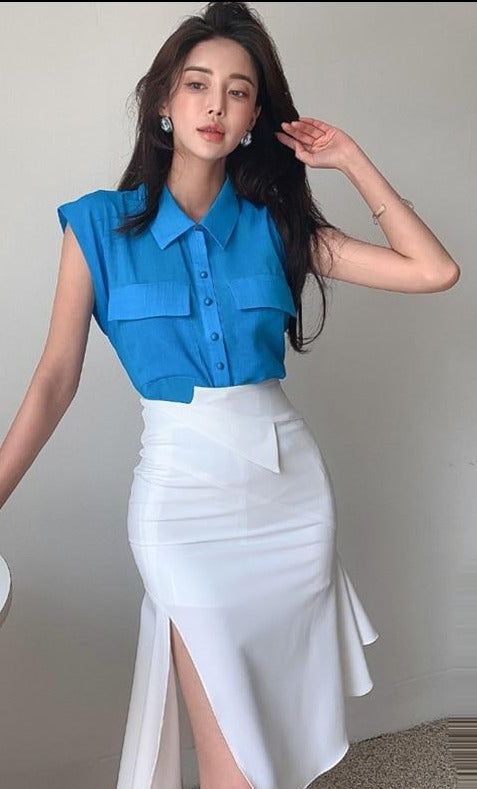 H Han Queen New 2021 Summer 2 Pieces Set Women Blue Shirts Blouses And Split Fishtail Skirts Korean Chic Office Lady Suit