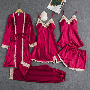 5 PCS Sexy Lace Women Nightwear Robe Dresses Summer Pajamas Sets Homewear Stain Silky Sleep Suit Bath Robes Night Gowns