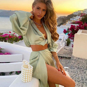 2 Piece Set Women Summer Beach Vacation Outfits Sexy Cropped Blouse Shirts High Split Long Skirt Matching Suit Clothes