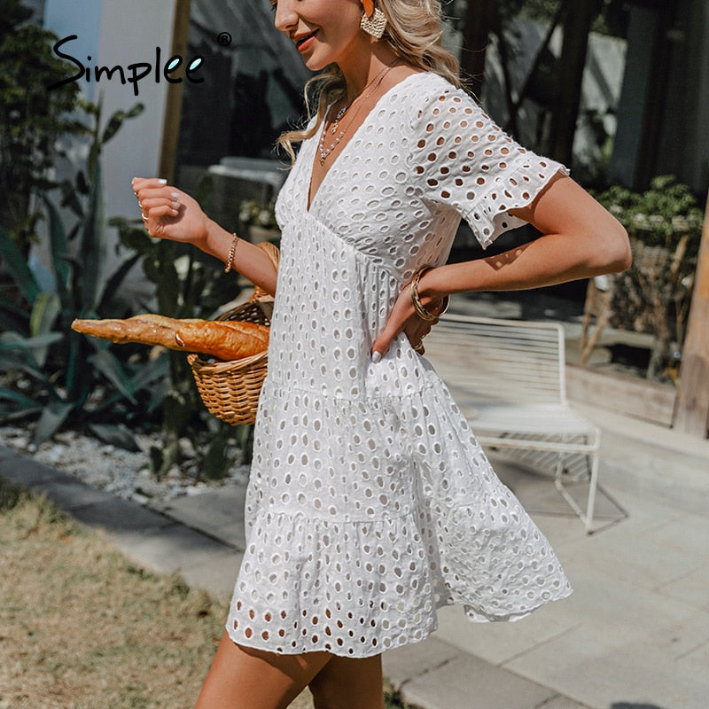 Simplee Sexy V-Neck Lace Stitching White Dress 2021 Summer New Short-Sleeve Solid Women Dress Casual Fashion Boho A-Line Dress White / L Simplee Sexy V-Neck Lace Stitching White Dress 2021 Summer New Short-Sleeve Solid Women Dress Casual Fashion Boho A-Line Dress White / L