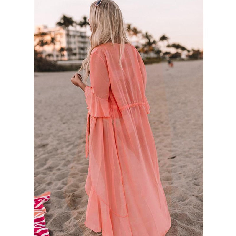 Pink Chiffon Tunic Long Kimono See Through Bikini Cover-ups