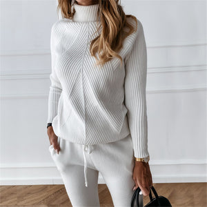 TYHRU Autumn Winter Women&#39;s tracksuit Solid Color Striped Turtleneck Sweater and Elastic Trousers Suits Knitted Two Piece Set