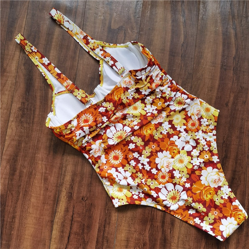 Underwired Floral One Piece Swimsuit Sunflower Swimming Suit