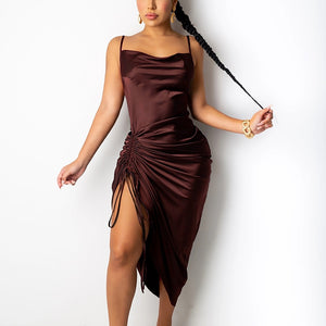 NewAsia Ruched Satin Summer Dress Drawstring Spaghetti Straps Cowl Neck Backless Long Dresses for Women Party Sexy Vestidos 2020