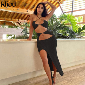 Kliou Ribbed Lace up Maxi Dress Women Sexy Solid Sleeveless Backless  BodyShaping Cut Out Skirt Party Clubwear Female Vestidos 220608