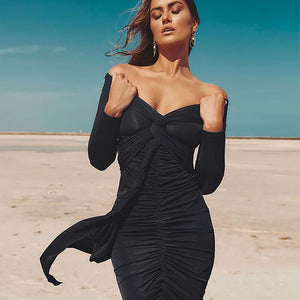 Sexy Off Shoulder Ruched Black Draped Lady Dress