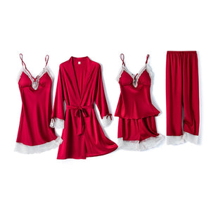 Burgundy Women 5PCS Satin Sleep Suit Sweet Bow Lace Trim Sleepwear Spring Autumn Homewear Sexy V-Neck Strap Night Dress Bathrobe