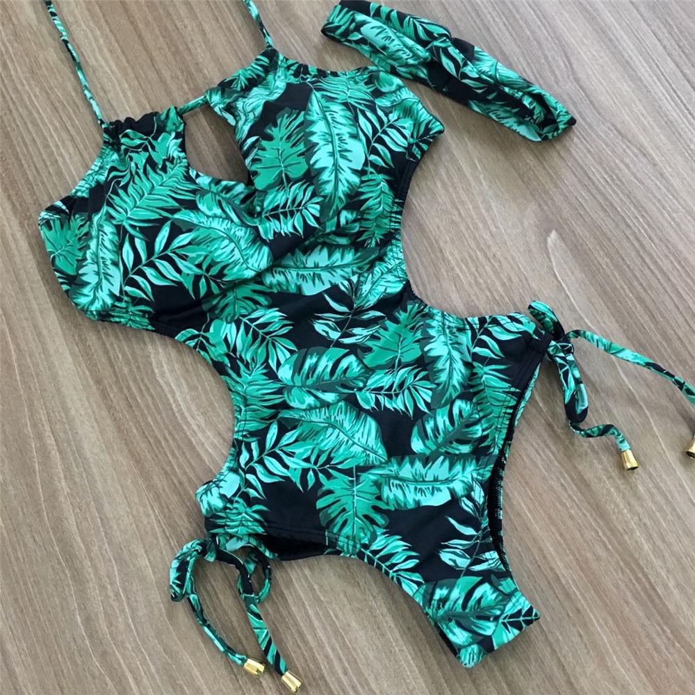 Green leaf print Cut Out One-Piece Swimsuit Sexy Backless String Adjust Bathing Suit