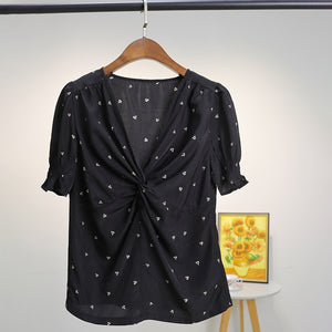 Floral Print Elastic Pleated Deep V Neck Black Blouse