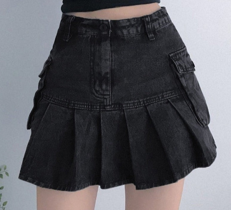 ALLNeon Mall Goth High Waist Jean Skirts Y2K Aesthetics Black Denim Pleated Skirts with Big Pockets Punk Style E-girl Outfits
