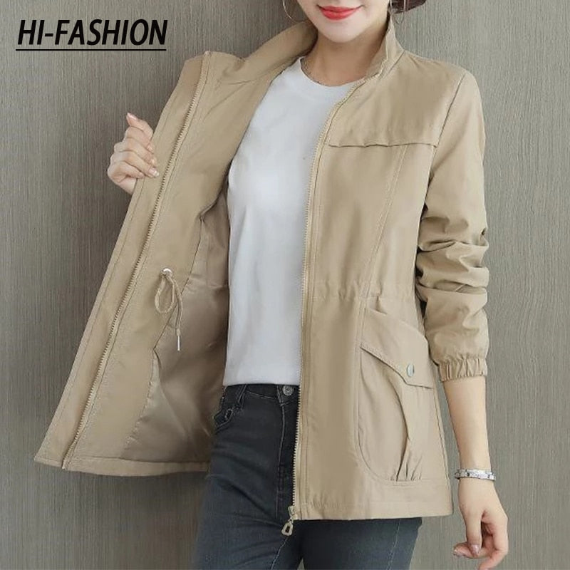 HI-FASHION Women Double Layer Windbreaker Autumn Casual Slim Coat Fashion Plus Size 4Xl Stand-Up Collar Ladies Jacket