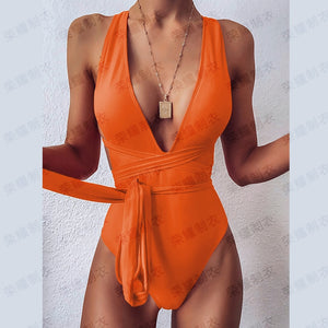 Sexy Solid Red One Piece Swimsuit Women Push Up Lace Up Bandage Bodysuit Brazilian Deep V Neck Backless Bathing Suit
