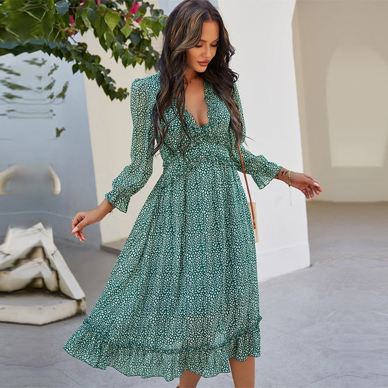 2021 New Spring Summer Women's Sexy V Neck Print Elegant Long Dress La Global Fashions GC 2021 New Spring Summer Women's Sexy V Neck Print Elegant Long Dress La Global Fashions GC