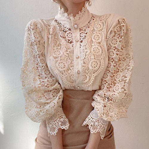 Chic Button Hollow Out Flower Lace Patchwork Blouse