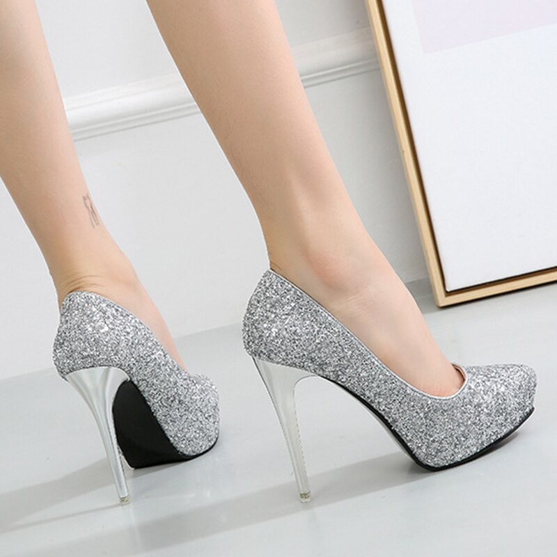 2020 New Shoes for Women 12cm Stiletto Waterproof Platform Pointed Shallow Mouth Female Pumps Fashion Sequin High Heels