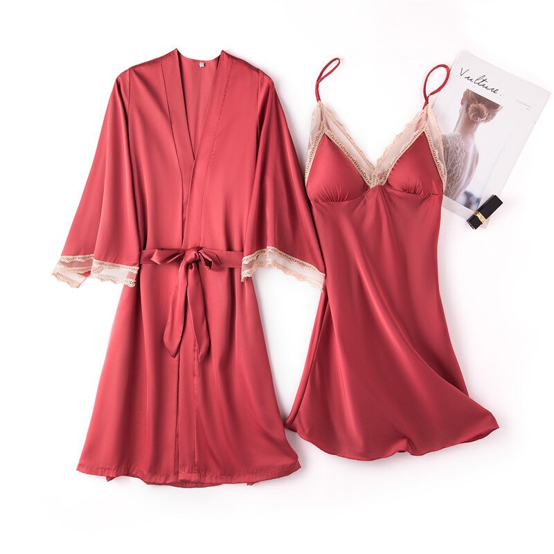 Spring Summer Ice Silk Sexy Thin Dress with Bra Suspender Two Piece Women's Robe 2021 New Home Clothes Nightgown Lace Nightdress