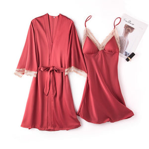 Spring Summer Ice Silk Sexy Thin Dress with Bra Suspender Two Piece Women's Robe 2021 New Home Clothes Nightgown Lace Nightdress