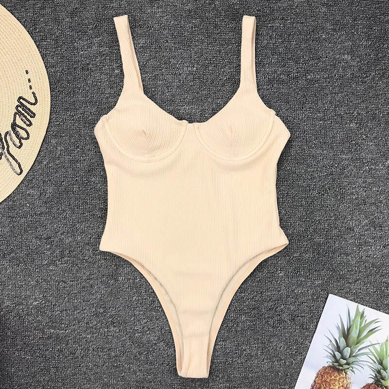 Sexy Push Up Swimwear Women's Swimsuits One Piece Red Strap Bodysuit High Cut Bathing Suits Ribbed Swimsuit