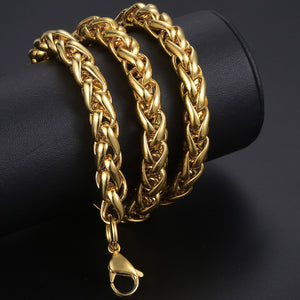 9.5mm Gold-color Wheat Braided Link Stainless Steel Necklace Bracelet