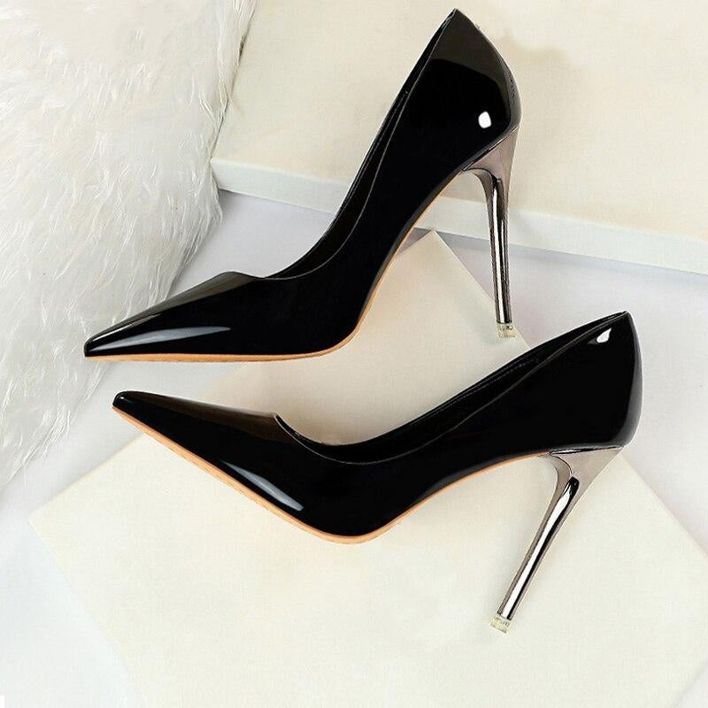Patent Leather Pointed Toe Slip on Shallow  High Heel Shoes
